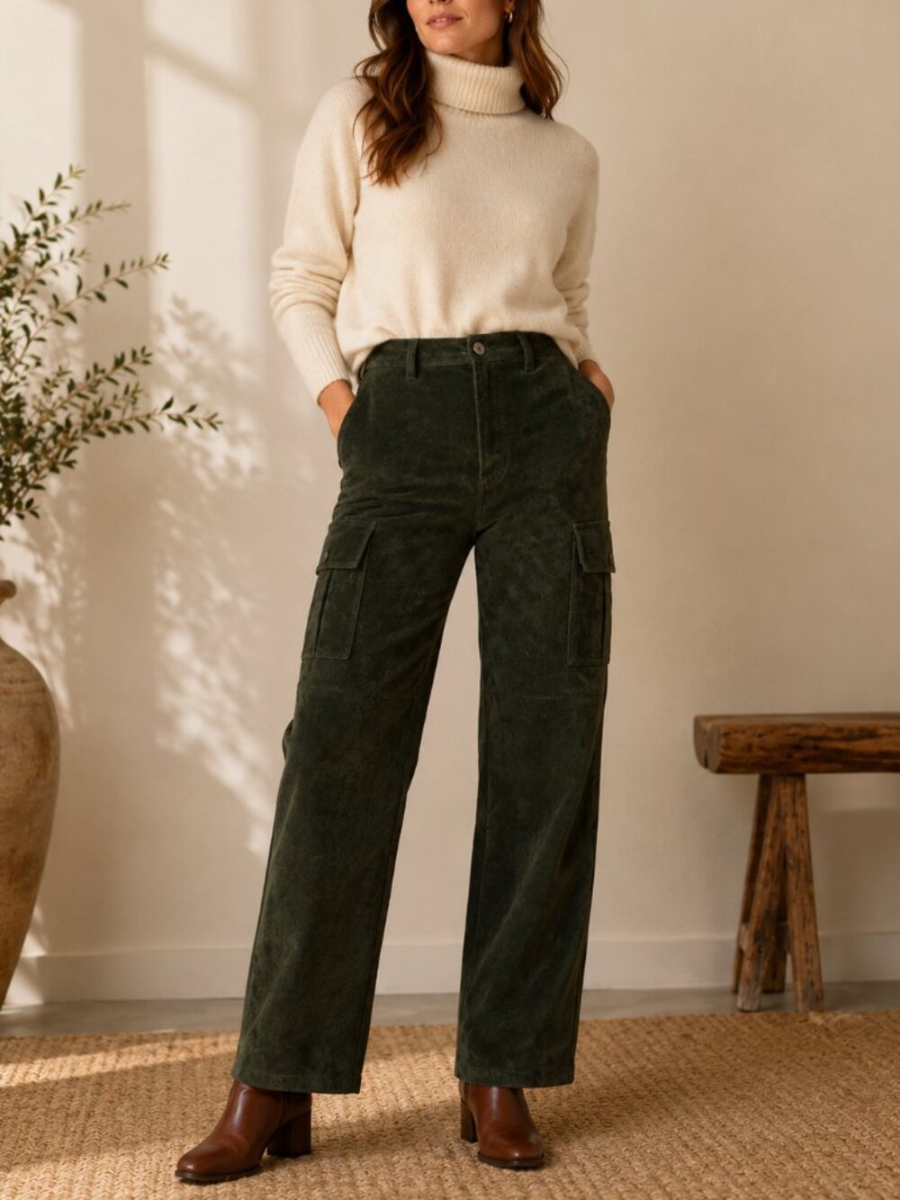 Saks Fifth Avenue Folio Forest Green Suede Cargo Pants Lined High Rise 8